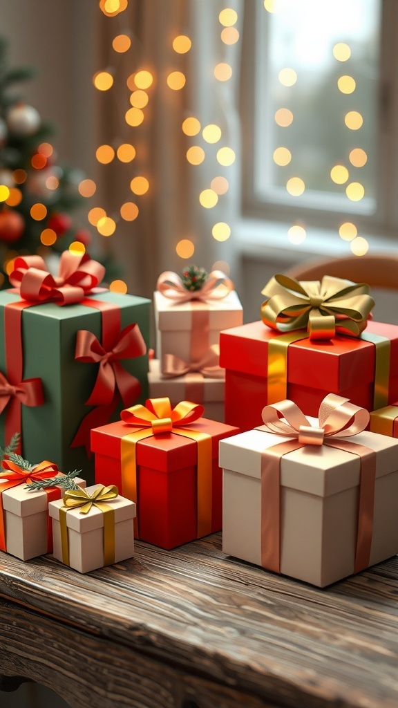 Colorful 3D Christmas gift boxes with ribbons on a wooden table, decorated for the holiday season.